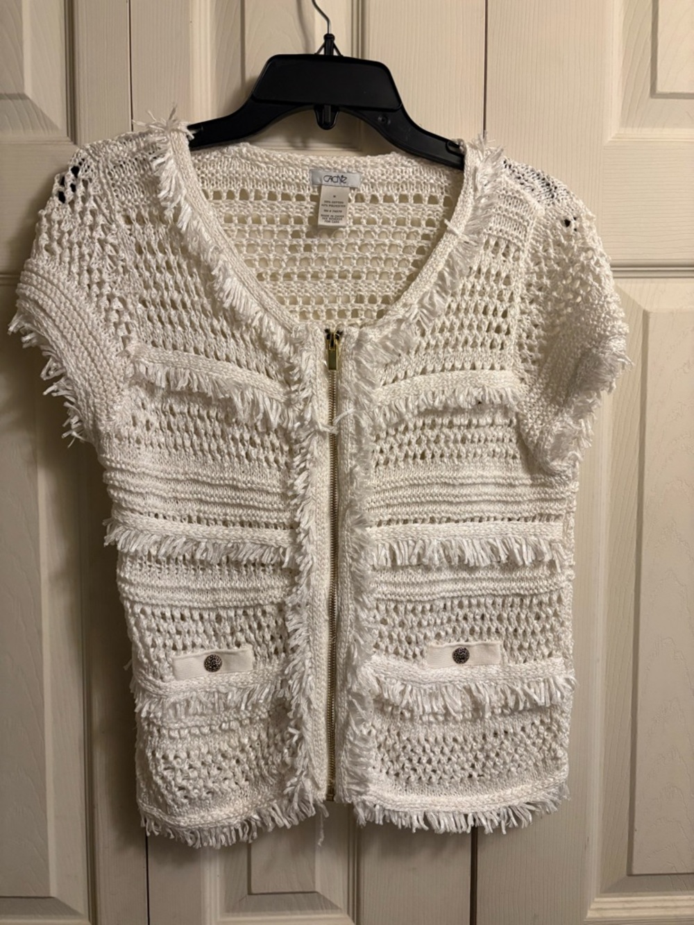 Cache White Crochet Fringe Zip-Front Short Sleeve Jacket